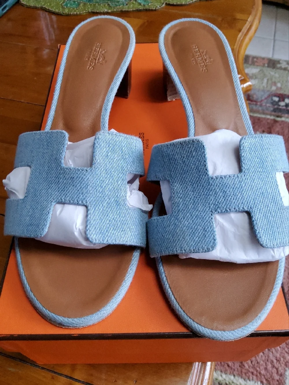 Hermes Light Blue Denim Oran Slide Mules - Picture 3 of 8